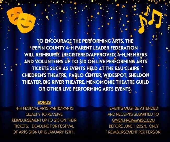 Graphic  explaining that the Pepin County 4-H Parent Leaders Federation will reimburse up to $10 for performing Arts tickets until June 1.