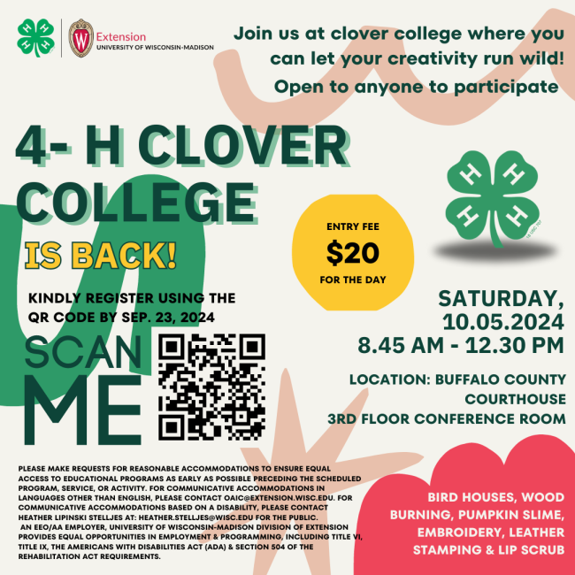 4-H Clover College Registration $20 Fee on  October 5, 2024