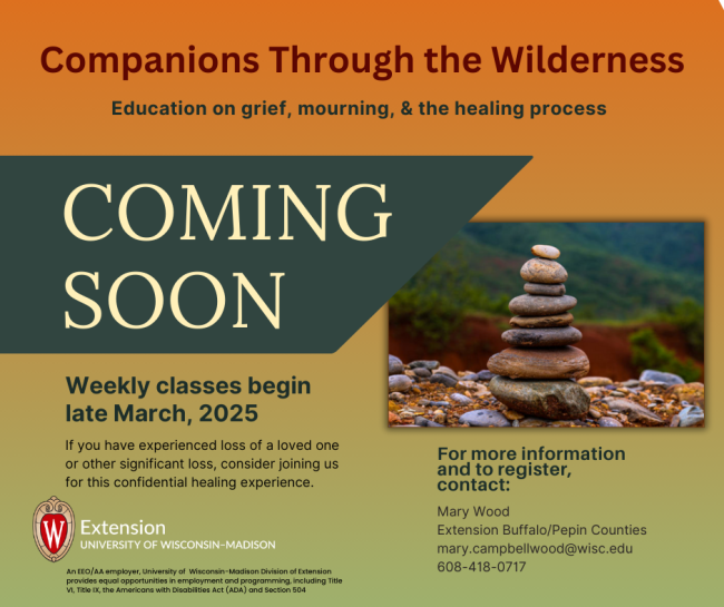 Companions Through the Wilderness Flier. Education on grief, mourning and the healing process.  Picture of rock cairns, stacked stones, symbols of faith and balance.