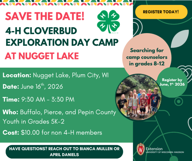 Cloverbud Day Camp Poster 
Youth in grades 5K-2 welcome 
Cost: $10 for non-4-H members 
Registration closed June 1 