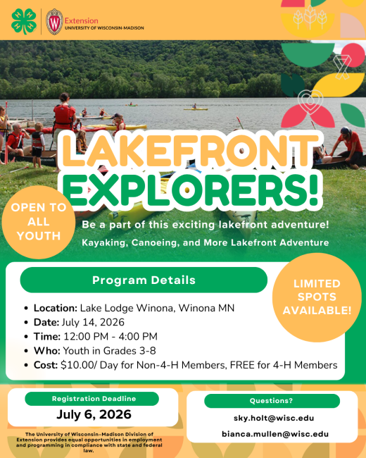 Camp Flyer with pertinent information. Youth on kayaks in background.